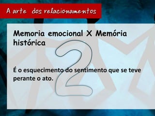 Memoria emocional X Memória
histórica


É o esquecimento do sentimento que se teve
perante o ato.
 