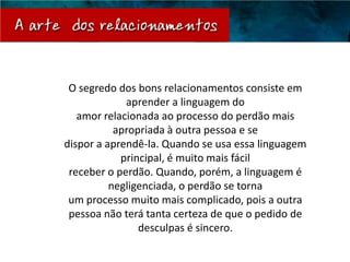 O segredo dos bons relacionamentos consiste em
             aprender a linguagem do
   amor relacionada ao processo do perdão mais
           apropriada à outra pessoa e se
dispor a aprendê-la. Quando se usa essa linguagem
            principal, é muito mais fácil
 receber o perdão. Quando, porém, a linguagem é
          negligenciada, o perdão se torna
 um processo muito mais complicado, pois a outra
 pessoa não terá tanta certeza de que o pedido de
                desculpas é sincero.
 