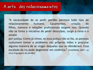 “A necessidade de se pedir perdão permeia todo tipo de
relacionamento      humano.       Casamentos,       criação     de
filhos, namoro e relações profissionais exigem isso. Quando
não se toma a iniciativa de pedir desculpas, surge a raiva e o
anseio
por justiça. Como já vimos, se essa justiça não se faz, as pessoas
costumam tomar o problema nas próprias mãos e procurar
alguma maneira de se vingar daquelas que as ofenderam. Essa
escalada da ira pode degenerar em violência.” (CHAPMAN, 2007 – as
cinco linguagens do perdão)
 