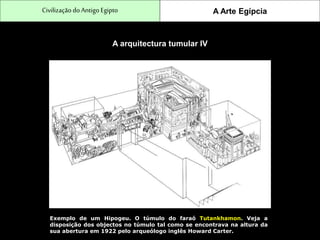 CivilizaçãodoAntigo Egipto A Arte Egípcia
A arquitectura tumular IV
Exemplo de um Hipogeu. O túmulo do faraó Tutankhamon. Veja a
disposição dos objectos no túmulo tal como se encontrava na altura da
sua abertura em 1922 pelo arqueólogo inglês Howard Carter.
 