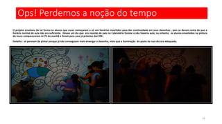 Ops! Perdemos a noção do tempo
O projeto envolveu de tal forma os alunos que esses começaram a vir em horários invertidos para dar continuidade em seus desenhos , pois se deram conta de que o
horário normal de aula não era suficiente. Houve um dia que era reunião de pais no Calendário Escolar e não haveria aula, no entanto, os alunos envolvidos na pintura
do muro compareceram às 7h da manhã e foram para casa já próximo das 20h .
Detalhe : só pararam de pintar porque já não conseguiam mais enxergar o desenho, visto que a iluminação do poste da rua não era adequada.

18

 