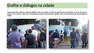 Grafite e diálogos na cidade
Nessa etapa Celso Oliveira, aluno da UNESP e tutor do projeto, se ofereceu gentilmente para grafitar no muro da escola e
proferir uma conversa sobre Arte e Intervenção urbana, apresentando o grafite como um instrumento de comunicação na
cidade.

 
