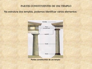 PARTES CONSTITUINTES DE UM TEMPLO
Partes constituintes de um templo
Na estrutura dos templos, podemos identificar vários elementos:
 