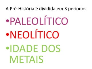A Pré-História é dividida em 3 períodosPALEOLÍTICONEOLÍTICOIDADE DOS METAIS