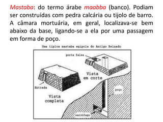 Mastaba: do termo árabe maabba (banco). Podiam ser construídas com pedra calcária ou tijolo de barro. A câmara mortuária, em geral, localizava-se bem abaixo da base, ligando-se a ela por uma passagem em forma de poço.