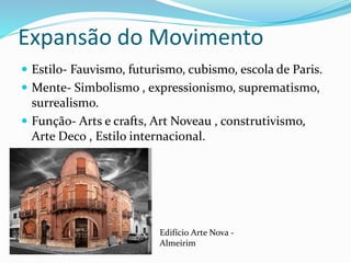 Expansão do Movimento
 Estilo- Fauvismo, futurismo, cubismo, escola de Paris.
 Mente- Simbolismo , expressionismo, suprematismo,
surrealismo.
 Função- Arts e crafts, Art Noveau , construtivismo,
Arte Deco , Estilo internacional.
Edifício Arte Nova -
Almeirim
 
