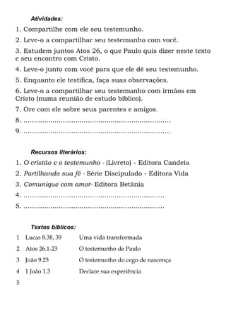 Atividades:
1. Compartilhe com ele seu testemunho.
2. Leve-o a compartilhar seu testemunho com você.
3. Estudem juntos Atos 26, o que Paulo quis dizer neste texto
e seu encontro com Cristo.
4. Leve-o junto com você para que ele dê seu testemunho.
5. Enquanto ele testifica, faça suas observações.
6. Leve-o a compartilhar seu testemunho com irmãos em
Cristo (numa reunião de estudo bíblico).
7. Ore com ele sobre seus parentes e amigos.
8. .......................................................................
9. .......................................................................


       Recursos literários:
1. O cristão e o testemunho - (Livreto) - Editora Candeia
2. Partilhando sua fé - Série Discipulado - Editora Vida
3. Comunique com amor- Editora Betânia
4. ....................................................................
5. ....................................................................


       Textos bíblicos:
1   Lucas 8.38, 39            Uma vida transformada
2   Atos 26.1-23              O testemunho de Paulo
3   João 9.25                 O testemunho do cego de nascença
4   1 João 1.3                Declare sua experiência
5
 