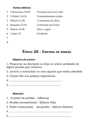 Textos bíblicos:
1 Colossenses 3.9,10               Vivendo uma nova vida
2 1 Pedro 1.14-16                  Comportamento cristão
3 Efésios 6.1-20                   A armadura de Deus
4 Romanos 13.14                    Confiando em Cristo
5 Marcos 14.38                     Orar e vigiar
6 1 João 1.9                       Confissão
7
8



                  TÓPICO 25 - CERTEZA                    DE PERDÃO


       Objetivo do ensino:
1. Perguntar ao discípulo se eleja se sentiu perdoado de
algum pecado que cometeu.
2. Levá-lo a reconciliar-se com alguém que tenha ofendido.
3. Contar-lhe sua própria experiência.
4. ............................................................
5. ...........................................................


       Materiais:
1. O poder do perdão - Adhonep
2. Perdão incondicional - Editora Vida
3. Poder restaurador               do perdão - Editora Betânia
4. ........................................................................
5. ........................................................................
 