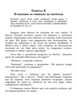 CAPÍTULO 5
       O   PROCESSO NA FORMAÇÃO DE DISCÍPULOS

    Portanto, assim como vocês receberam Cristo Jesus, o
    Senhor, continuem a viver nele, enraizados e edificados
    nele, firmados na fé, como foram ensinados, transbordando
    de gratidão (Cl 2.6, 7).


     Imagine uma fábrica de calçados de sua cidade. O
diretor investiu enormes somas em dinheiro e contratou
muitos empregados para fabricar os calçados mais luxuosos
do país. Ele gasta com pagamento dos funcionários, na
compra de máquinas e de couro da melhor qualidade. A
fábrica está a pleno vapor, com centenas de funcionários
correndo de um lado para outro. As máquinas cortam,
costuram e colam a plena capacidade.
    Certo dia, o presidente pergunta ao diretor: "Quantos
pares de calçados fabricamos até agora?"
    "Nenhum", responde o diretor.
     "Nenhum!", exclama o presidente. "Há quanto tempo
você está operando as máquinas?"
    "Há dois anos".
     Dois anos e nenhum par de sapato pronto?"
Exatamente", diz o diretor. "Ainda não fabricamos nenhum
par de sapatos, mas estamos bastante ocupados. Quase
esgotados de tanto ar. Nenhum de nós tem folga, todos
trabalhamos ativamente."
     O diagrama dessa fábrica que não produz nenhum par
de sapatos poderia ser assim:
 