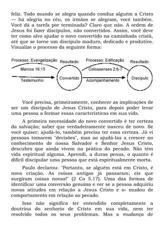 feliz. Todo mundo se alegra quando conduz alguém a Cristo
— há alegria no céu, os irmãos se alegram, você também.
Você dá a tarefa por terminada? Claro que não. A ordem de
Jesus foi fazer discípulos, não convertidos. Assim, você deve
ter como alvo ajudar o novo convertido na caminhada cristã,
até que se torne um discípulo maduro, dedicado e produtivo.
Visualize o processo da seguinte forma:




    Você precisa, primeiramente, conhecer as implicações de
ser um discípulo de Jesus Cristo, para depois poder levar
uma pessoa a formar essas características em sua vida.
      A primeira necessidade do novo convertido é ter certeza
da salvação; saber que verdadeiramente nasceu de novo. Se
você quiser; ajudá-lo, também precisa ter essa certeza. Já vi
pessoas tomarem "decisões", mas ao ajudá-las a crescer no
conhecimento de nossa Salvador e Senhor Jesus Cristo,
descubro que ainda vivem na prática do pecado. Não têm
vida espiritual alguma. Aprendi, a duras penas, o quanto é
difícil discipular uma pessoa que está espiritualmente morta.
     Paulo declarou: "Portanto, se alguém está em Cristo, é
nova criação. As coisas antigas já passaram; eis que
surgiram coisas novas!" (2 Co 5.17). Uma das formas de
identificar uma conversão genuína e ver se a pessoa adquiriu
novas atitudes em relação a Jesus Cristo e s« mudou de
comportamento em relação ao pecado.
     Isso não significa ter entendido completamente a
doutrina do senhorio de Cristo em sua vida, nem ter
resolvido todos os seus problemas. Mas a mudança de
 