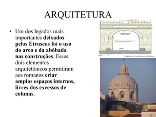 ARQUITETURA <ul><li>Um dos legados mais importantes  deixados pelos Etruscos foi o uso do arco e da abóbada nas construçõe...