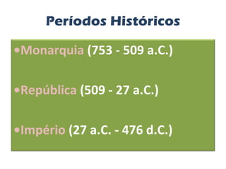 Períodos Históricos • Monarquia  (753 - 509 a.C.)  • República  (509 - 27 a.C.)  • Império  (27 a.C. - 476 d.C.)  