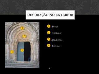DECORAÇÃO NO EXTERIOR


                     1   Portal
    3
                     2   Tímpano
        2
                     3 Arquivoltas

                     4   Cornijas
    1
4




                     9
 