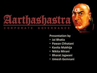 Aarthashastra
C O R P O R A T E

G O V E R N A N C E

Presentation by
• Jai Bhatia
• Pawan Chhatani
• Kavita Makhija
• Nikita Mirani
• Bharat Jagwani
• Umesh Gemnani

 