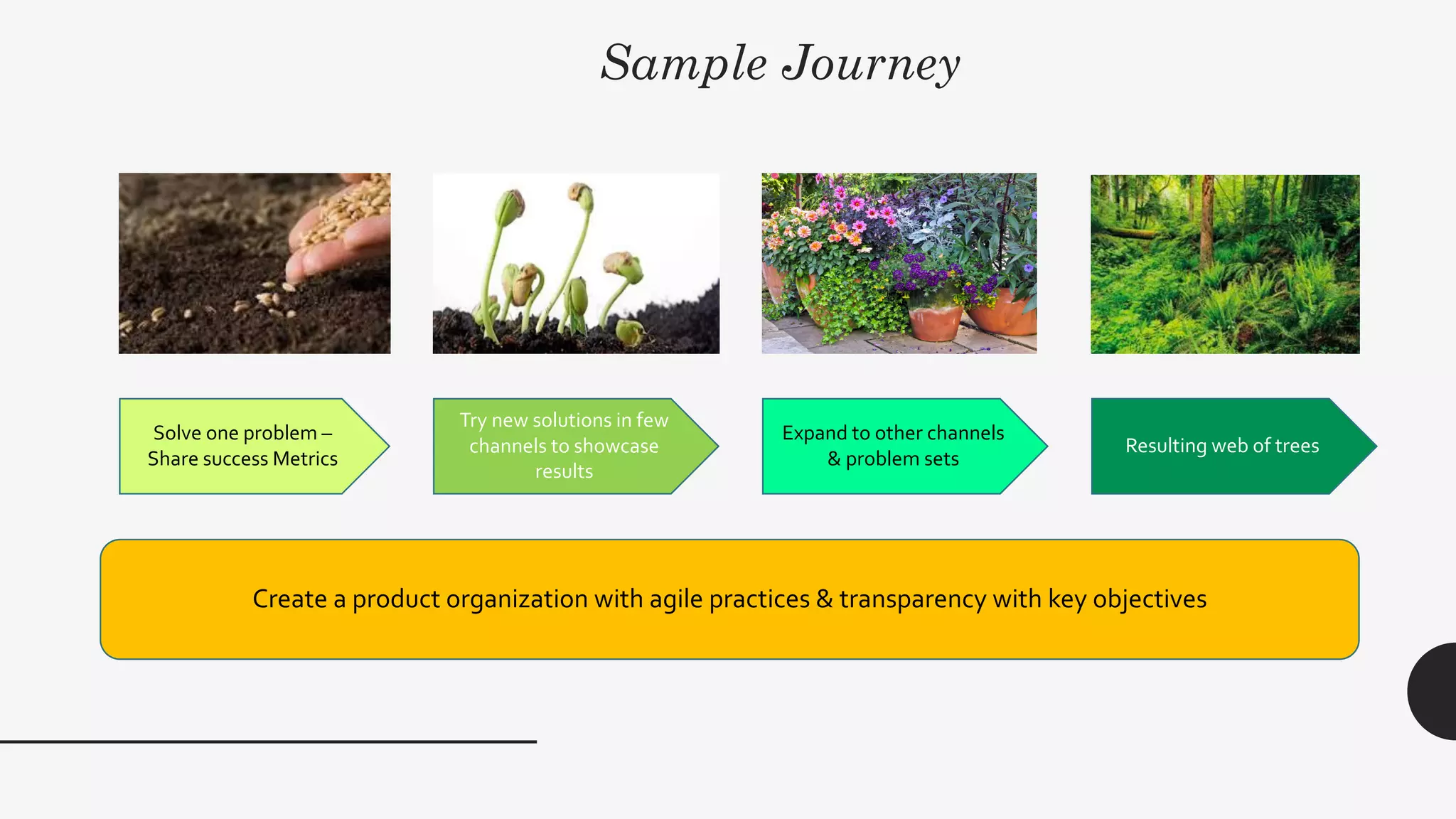 10
Sample Journey
Solve one problem –
Share success Metrics
Try new solutions in few
channels to showcase
results
Expand to other channels
& problem sets
Resulting web of trees
Create a product organization with agile practices & transparency with key objectives
 