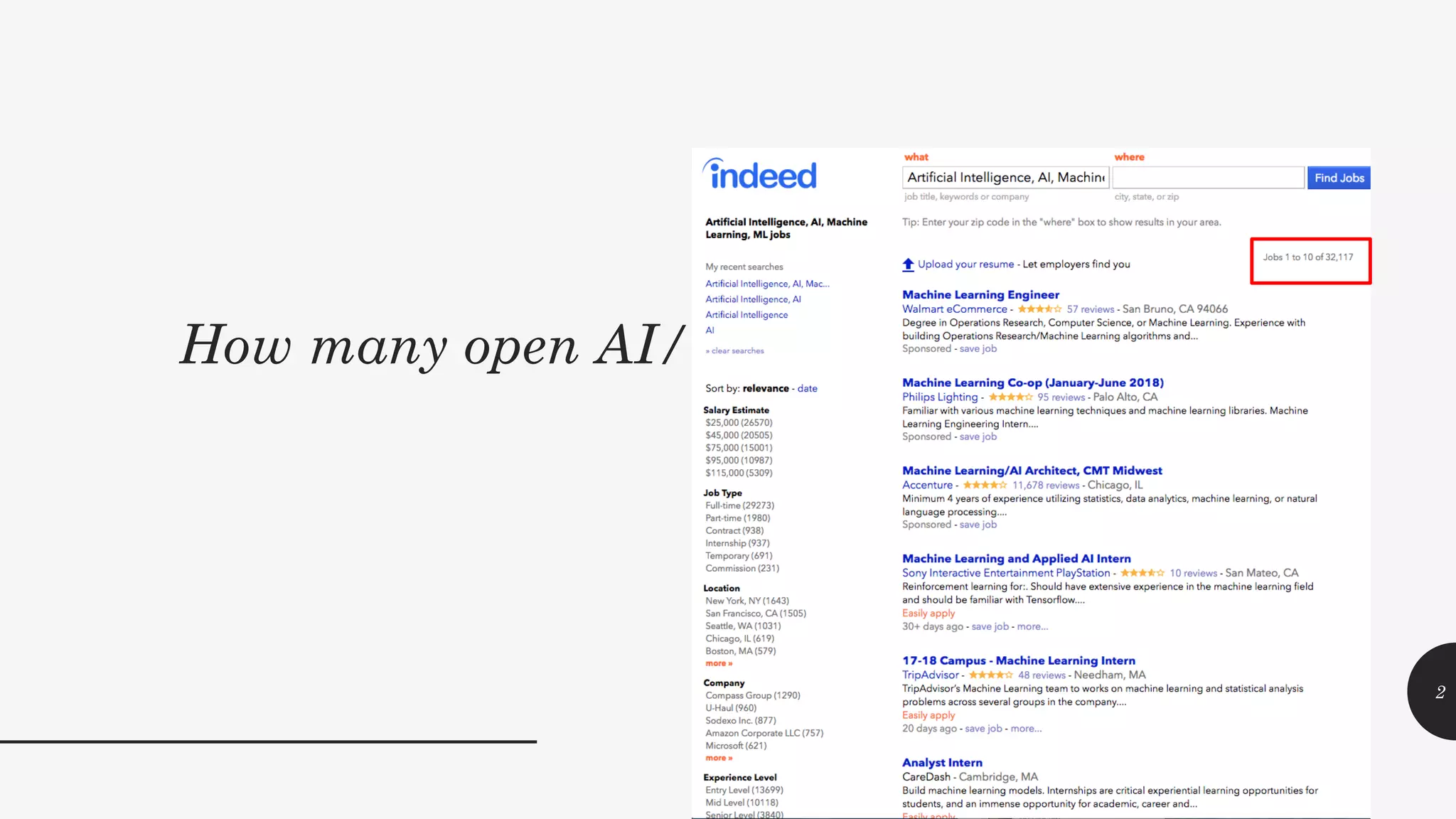 How many open AI/ ML jobs do we have in US
today?
2
 