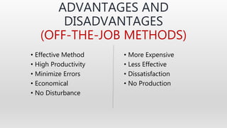 ADVANTAGES AND
DISADVANTAGES
(OFF-THE-JOB METHODS)
• Effective Method
• High Productivity
• Minimize Errors
• Economical
• No Disturbance
• More Expensive
• Less Effective
• Dissatisfaction
• No Production
 