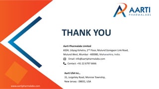 THANK YOU
Contact: +91 22 6797 6666
Email: info@aartipharmalabs.com
Aarti Pharmalabs Limited
#204, Udyog Kshetra, 2nd Floor, Mulund Goregaon Link Road,
Mulund West, Mumbai - 400080, Maharashtra, India.
Aarti USA Inc.,
31, Jurgelsky Road, Monroe Township,
New Jersey - 08831, USA
www.aartipharmalabs.com
 