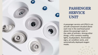 PASSENGER
SERVICE
UNIT
A passenger service unit (PSU) is an
aircraft component situated above
each row in the overhead panel
above the passenger seats in
the cabin of airliners. Among other
things, a PSU contains reading
lights, loudspeakers, illuminated
signs, air condition vents, and
automatically deployed oxygen
masks.
 