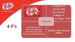 1) 12.8g- Rs 10
2) 27.5g- Rs20
3) 37.3g- Rs 25
4) 90g-Rs 75
5) 1-finger – Rs 05
Kitkat Break banta hai!
Khaao bina Taarikh Dekhe!
Have a Break, Have a Kitkat
No break from Education(Nanhi kali)
Mumbai, Delhi, Goa, and
Kolkata
Marketing Mix
 