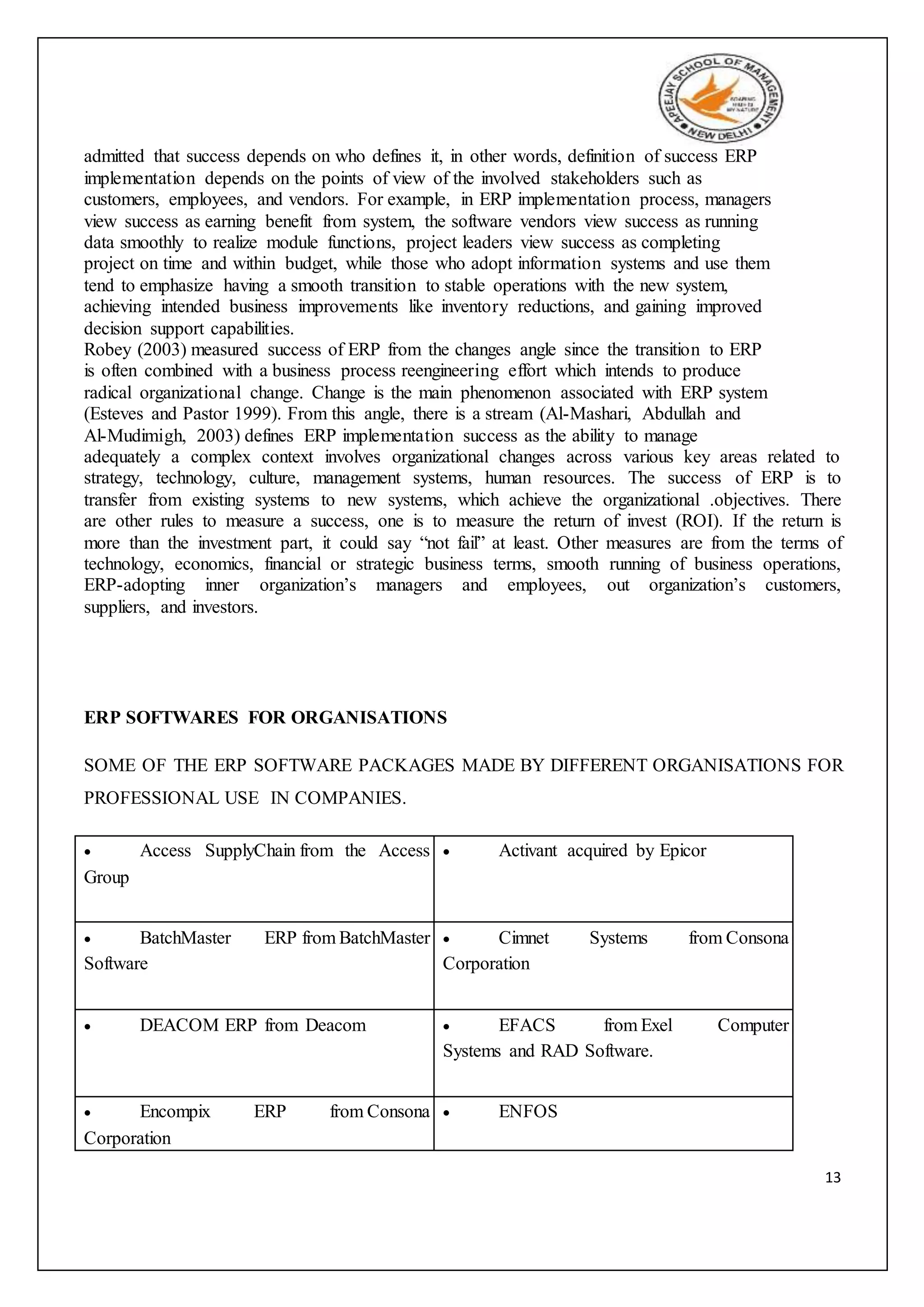 13
admitted that success depends on who defines it, in other words, definition of success ERP
implementation depends on the points of view of the involved stakeholders such as
customers, employees, and vendors. For example, in ERP implementation process, managers
view success as earning benefit from system, the software vendors view success as running
data smoothly to realize module functions, project leaders view success as completing
project on time and within budget, while those who adopt information systems and use them
tend to emphasize having a smooth transition to stable operations with the new system,
achieving intended business improvements like inventory reductions, and gaining improved
decision support capabilities.
Robey (2003) measured success of ERP from the changes angle since the transition to ERP
is often combined with a business process reengineering effort which intends to produce
radical organizational change. Change is the main phenomenon associated with ERP system
(Esteves and Pastor 1999). From this angle, there is a stream (Al-Mashari, Abdullah and
Al-Mudimigh, 2003) defines ERP implementation success as the ability to manage
adequately a complex context involves organizational changes across various key areas related to
strategy, technology, culture, management systems, human resources. The success of ERP is to
transfer from existing systems to new systems, which achieve the organizational .objectives. There
are other rules to measure a success, one is to measure the return of invest (ROI). If the return is
more than the investment part, it could say “not fail” at least. Other measures are from the terms of
technology, economics, financial or strategic business terms, smooth running of business operations,
ERP-adopting inner organization’s managers and employees, out organization’s customers,
suppliers, and investors.
ERP SOFTWARES FOR ORGANISATIONS
SOME OF THE ERP SOFTWARE PACKAGES MADE BY DIFFERENT ORGANISATIONS FOR
PROFESSIONAL USE IN COMPANIES.
 Access SupplyChain from the Access
Group
 Activant acquired by Epicor
 BatchMaster ERP from BatchMaster
Software
 Cimnet Systems from Consona
Corporation
 DEACOM ERP from Deacom  EFACS from Exel Computer
Systems and RAD Software.
 Encompix ERP from Consona
Corporation
 ENFOS
 