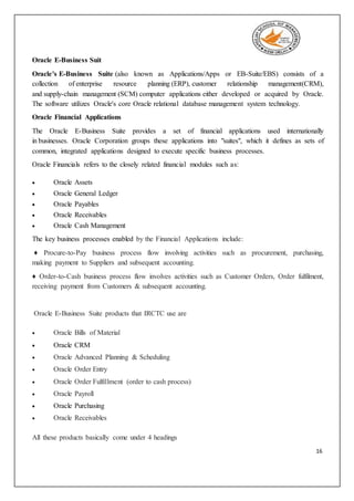 16
Oracle E-Business Suit
Oracle's E-Business Suite (also known as Applications/Apps or EB-Suite/EBS) consists of a
collection of enterprise resource planning (ERP), customer relationship management(CRM),
and supply-chain management (SCM) computer applications either developed or acquired by Oracle.
The software utilizes Oracle's core Oracle relational database management system technology.
Oracle Financial Applications
The Oracle E-Business Suite provides a set of financial applications used internationally
in businesses. Oracle Corporation groups these applications into "suites", which it defines as sets of
common, integrated applications designed to execute specific business processes.
Oracle Financials refers to the closely related financial modules such as:
 Oracle Assets
 Oracle General Ledger
 Oracle Payables
 Oracle Receivables
 Oracle Cash Management
The key business processes enabled by the Financial Applications include:
♦ Procure-to-Pay business process flow involving activities such as procurement, purchasing,
making payment to Suppliers and subsequent accounting.
♦ Order-to-Cash business process flow involves activities such as Customer Orders, Order fulfilment,
receiving payment from Customers & subsequent accounting.
Oracle E-Business Suite products that IRCTC use are
 Oracle Bills of Material
 Oracle CRM
 Oracle Advanced Planning & Scheduling
 Oracle Order Entry
 Oracle Order Fulfillment (order to cash process)
 Oracle Payroll
 Oracle Purchasing
 Oracle Receivables
All these products basically come under 4 headings
 