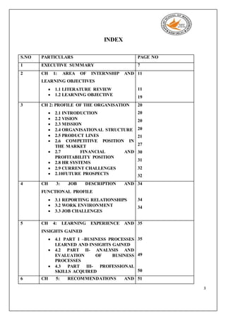 3
INDEX
S.NO PARTICULARS PAGE NO
1 EXECUTIVE SUMMARY 7
2 CH 1: AREA OF INTERNSHIP AND
LEARNING OBJECTIVES
 1.1 LITERATURE REVIEW
 1.2 LEARNING OBJECTIVE
11
11
19
3 CH 2: PROFILE OF THE ORGANISATION
 2.1 INTRODUCTION
 2.2 VISION
 2.3 MISSION
 2.4 ORGANISATIONAL STRUCTURE
 2.5 PRODUCT LINES
 2.6 COMPETITIVE POSITION IN
THE MARKET
 2.7 FINANCIAL AND
PROFITABILITY POSITION
 2.8 HR SYSTEMS
 2.9 CURRENT CHALLENGES
 2.10FUTURE PROSPECTS
20
20
20
20
21
27
30
31
32
32
4 CH 3: JOB DESCRIPTION AND
FUNCTIONAL PROFILE
 3.1 REPORTING RELATIONSHIPS
 3.2 WORK ENVIRONMENT
 3.3 JOB CHALLENGES
34
34
34
5 CH 4: LEARNING EXPERIENCE AND
INSIGHTS GAINED
 4.1 PART I –BUSINESS PROCESSES
LEARNED AND INSIGHTS GAINED
 4.2 PART II- ANALYSIS AND
EVALUATION OF BUSINESS
PROCESSES
 4.3 PART III- PROFESSIONAL
SKILLS ACQUIRED
35
35
49
50
6 CH 5: RECOMMENDATIONS AND 51
 