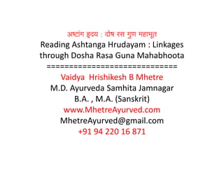 AYTaMga )dya : daoYa rsa gauNa mahaBaUt
Reading Ashtanga Hrudayam : Linkages
through Dosha Rasa Guna Mahabhoota
=============================
Vaidya Hrishikesh B Mhetre
M.D. Ayurveda Samhita Jamnagar
B.A. , M.A. (Sanskrit)
www.MhetreAyurved.com
MhetreAyurved@gmail.com
+91 94 220 16 871
 