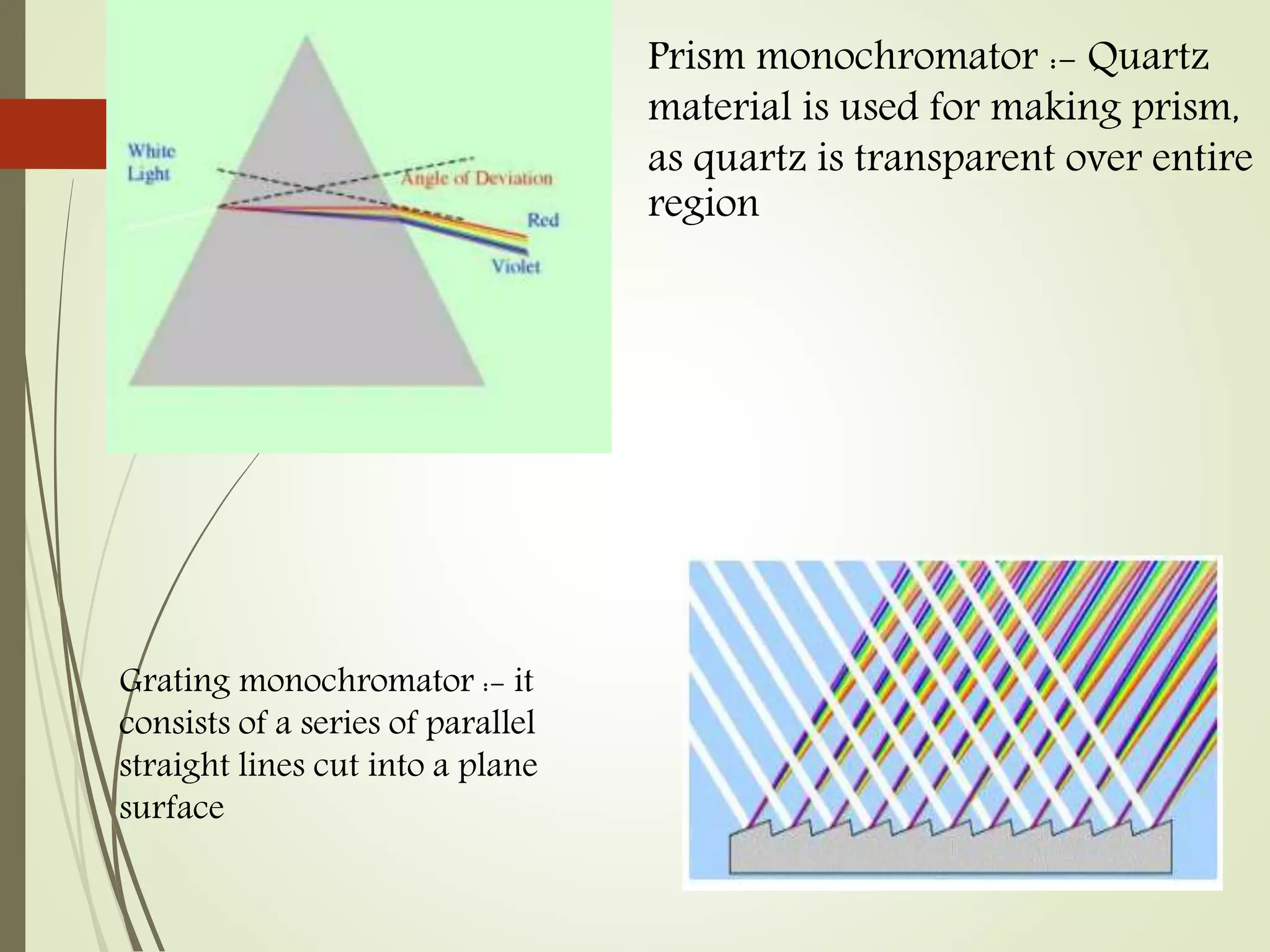 Grating monochromator :- it
consists of a series of parallel
straight lines cut into a plane
surface
Prism monochromator :- Quartz
material is used for making prism,
as quartz is transparent over entire
region
 