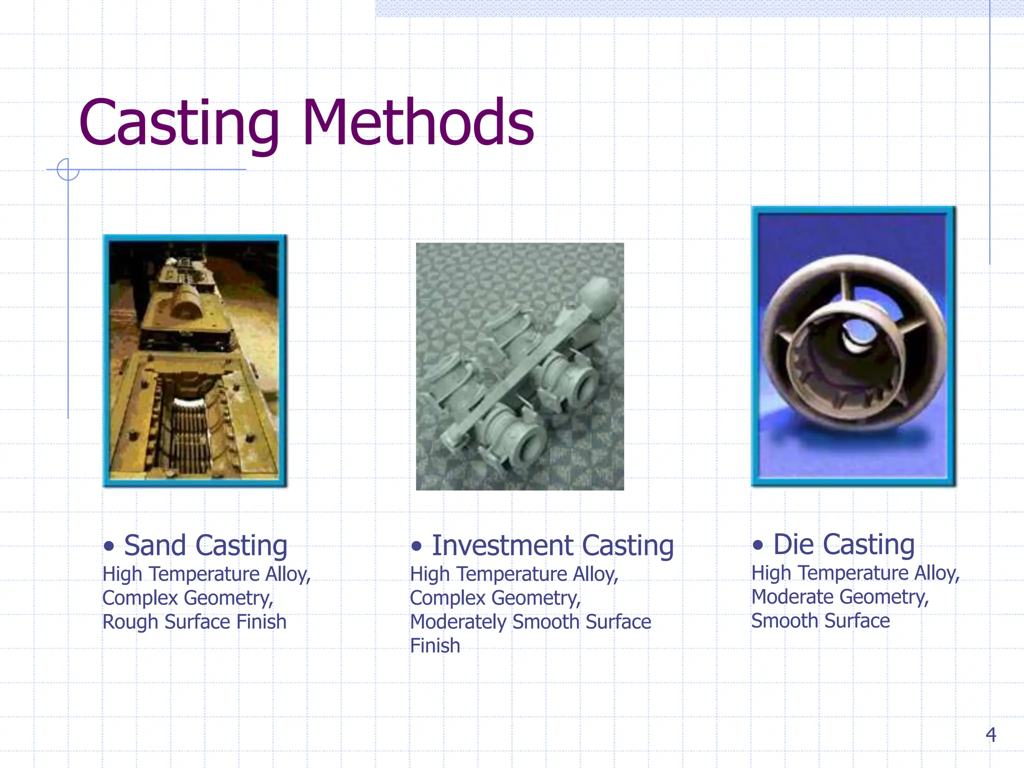 4
Casting Methods
• Sand Casting
High Temperature Alloy,
Complex Geometry,
Rough Surface Finish
• Investment Casting
High Temperature Alloy,
Complex Geometry,
Moderately Smooth Surface
Finish
• Die Casting
High Temperature Alloy,
Moderate Geometry,
Smooth Surface
 