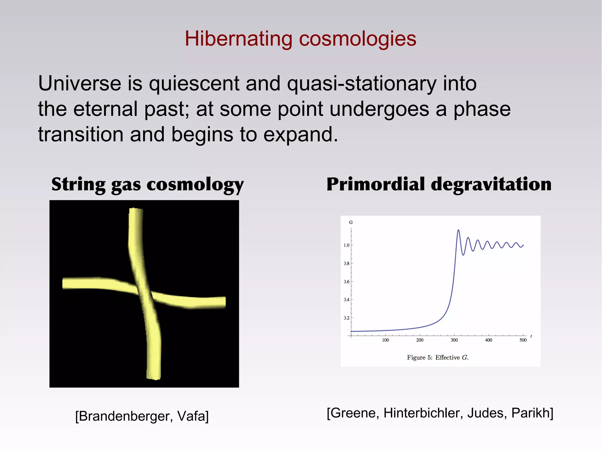 Hibernating cosmologies
Universe is quiescent and quasi-stationary into
the eternal past; at some point undergoes a phase
transition and begins to expand.
[Brandenberger, Vafa] [Greene, Hinterbichler, Judes, Parikh]
String gas cosmology Primordial degravitation
 