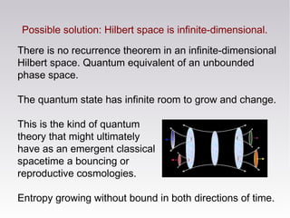Possible solution: Hilbert space is infinite-dimensional.
There is no recurrence theorem in an infinite-dimensional
Hilber...