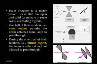 • Beam chopper is a motor
driven device that has open
and solid (or mirrors in some
cases) alternating regions.
• One half of their rotation, i.e.,
open region, permits the
beam obtained from lamp to
pass through.
• During the other half of their
rotation, i.e., mirror region,
the beam is reflected and not
allowed to pass through.
8/29/2023 18
 