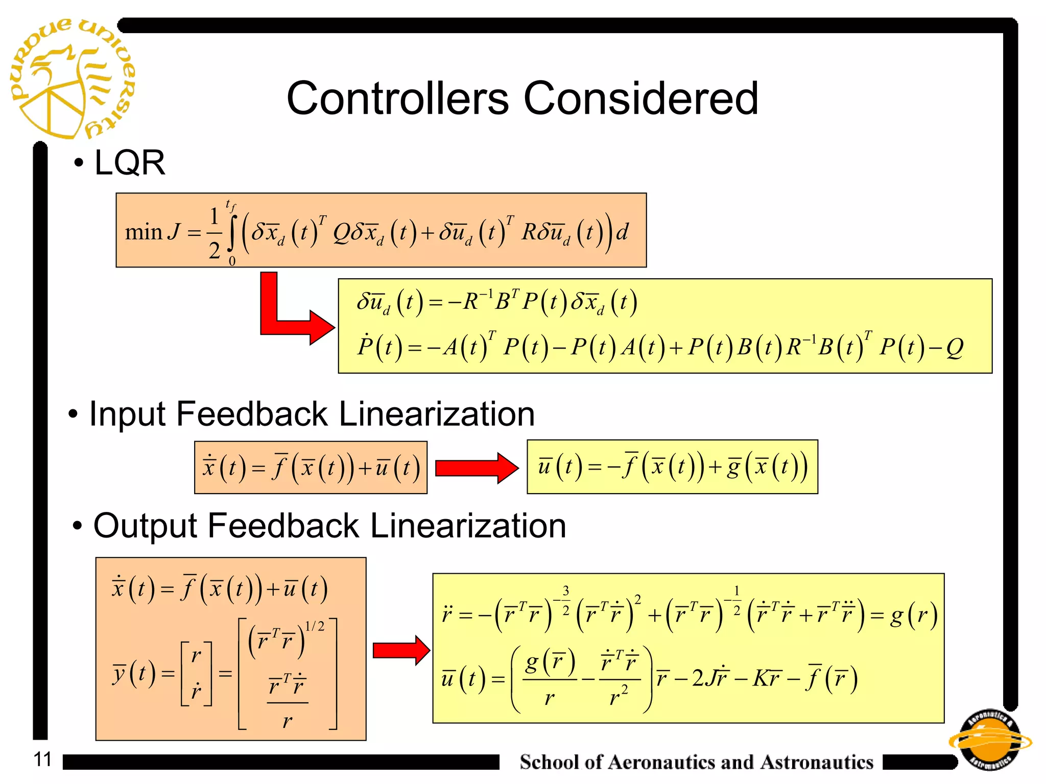 11
Controllers Considered
( ) ( ) ( ) ( )( )0
1
min
2
ft
T T
d d d dJ x t Q x t u t R u t d tδ δ δ δ+∫
• LQR
( ) ( )( ) ( )x t f x t u t= + ( ) ( )( ) ( )( )u t f x t g x t=− +
• Input Feedback Linearization
( ) ( )( ) ( )
( )
( )
1/2T
T
x t f x t u t
r r
r
y t
r rr
r
= +
 
  
= =   
   
 


( ) ( ) ( ) ( ) ( )
( )
( )
( )
3 1
2
2 2
2
2
T T T T T
T
r r r r r r r r r r r g r
g r r r
u t r Jr Kr f r
r r
− −
=− + + =
 
= − − − − 
 
   
 

• Output Feedback Linearization
( ) ( ) ( )
( ) ( ) ( ) ( ) ( ) ( ) ( ) ( ) ( )
1
1
T
d d
T T
u t R B P t x t
P t A t P t P t A t P t B t R B t P t Q
δ δ−
−
= −
=− − + −
 