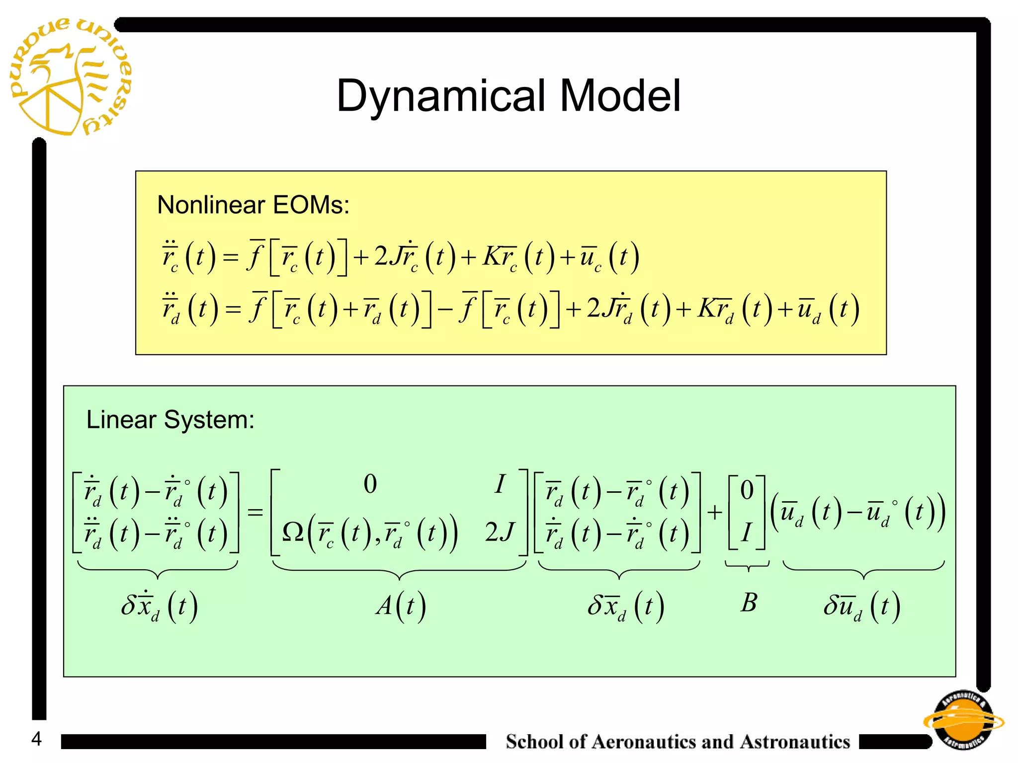 4
Dynamical Model
( ) ( ) ( ) ( ) ( )
( ) ( ) ( ) ( ) ( ) ( ) ( )
2
2
c c c c c
d c d c d d d
r t f r t Jr t Kr t u t
r t f r t r t f r t Jr t Kr t u t
= + + +  
= + − + + +      
 
 
Nonlinear EOMs:
( ) ( )
( ) ( ) ( ) ( )( )
( ) ( )
( ) ( )
( ) ( )( )
0 0
, 2
d d d d
d d
c dd d d d
Ir t r t r t r t
u t u t
r t r t J Ir t r t r t r t
    − −  
+ −      Ω− −       
 

 
 
   
Linear System:
( )A t B ( )du tδ( )dx tδ( )dx tδ 
 
