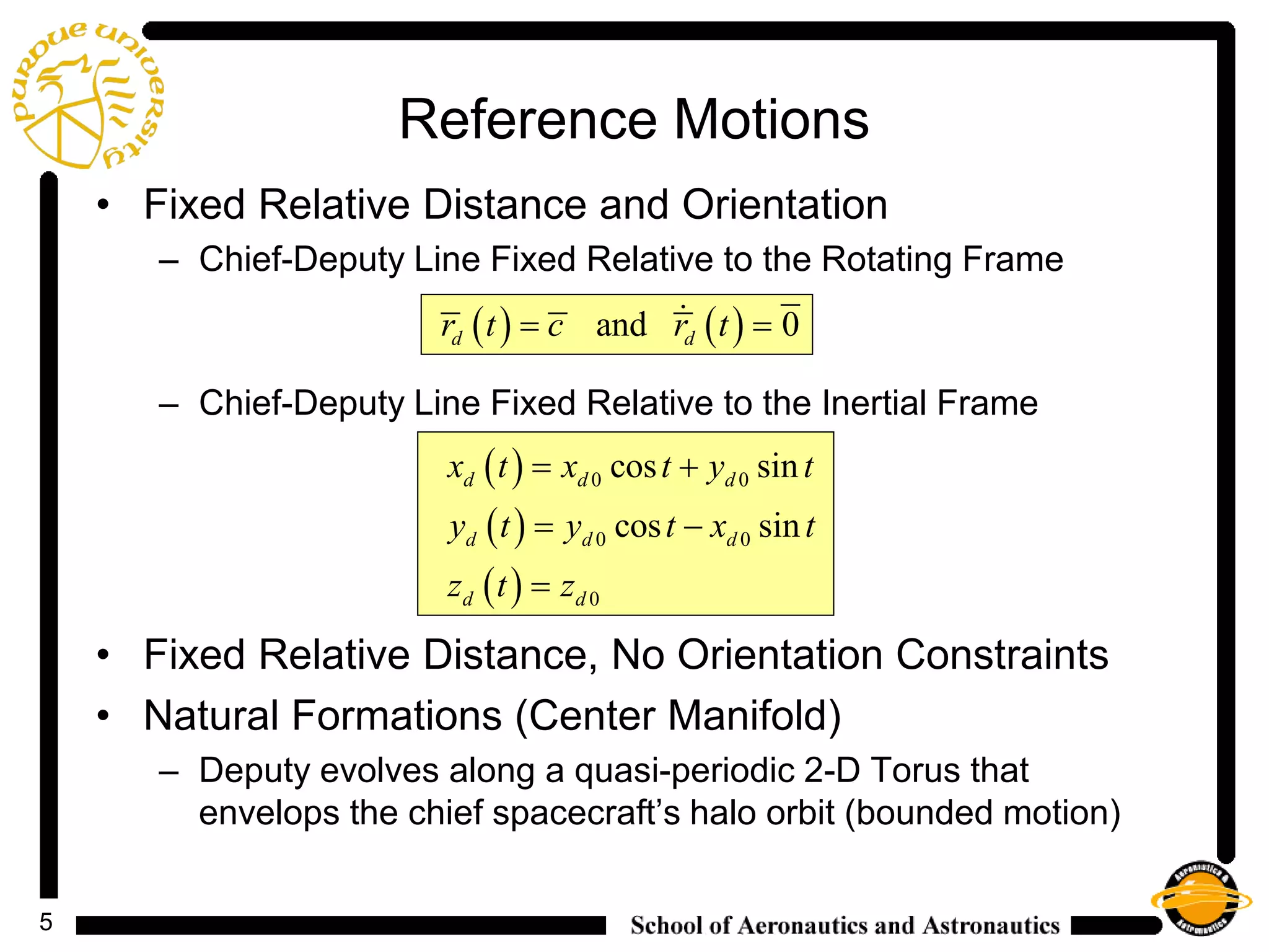 5
Reference Motions
• Fixed Relative Distance and Orientation
– Chief-Deputy Line Fixed Relative to the Rotating Frame
– Chief-Deputy Line Fixed Relative to the Inertial Frame
• Fixed Relative Distance, No Orientation Constraints
• Natural Formations (Center Manifold)
– Deputy evolves along a quasi-periodic 2-D Torus that
envelops the chief spacecraft’s halo orbit (bounded motion)
( ) ( )and 0d dr t c r t= =
( )
( )
( )
0 0
0 0
0
cos sin
cos sin
d d d
d d d
d d
x t x t y t
y t y t x t
z t z
= +
= −
=
 
