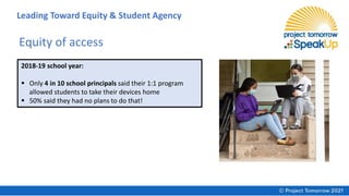 Equity of access
2018-19 school year:
▪ Only 4 in 10 school principals said their 1:1 program
allowed students to take their devices home
▪ 50% said they had no plans to do that!
Leading Toward Equity & Student Agency
 