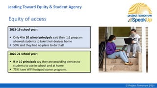 Equity of access
2018-19 school year:
▪ Only 4 in 10 school principals said their 1:1 program
allowed students to take their devices home
▪ 50% said they had no plans to do that!
2020-21 school year:
▪ 9 in 10 principals say they are providing devices to
students to use in school and at home
▪ 75% have WiFi hotspot loaner programs
Leading Toward Equity & Student Agency
 