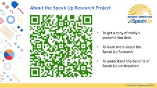 About the Speak Up Research Project
▪ To get a copy of today’s
presentation deck
▪ To learn more about the
Speak Up Research
▪ To understand the benefits of
Speak Up participation
 