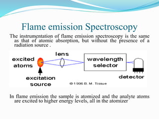 Flame emission Spectroscopy
The instrumentation of flame emission spectroscopy is the same
as that of atomic absorption, but without the presence of a
radiation source .
In flame emission the sample is atomized and the analyte atoms
are excited to higher energy levels, all in the atomizer
 