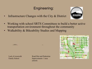Infrastructure Changes with the City & District Working with school SRTS Committees to build a better active transportation environment throughout the community Walkability & Bikeability Studies and Mapping Engineering: Lack of crosswalk Family School Road Diet and Pedestrian  Improvements- 3 area schools 