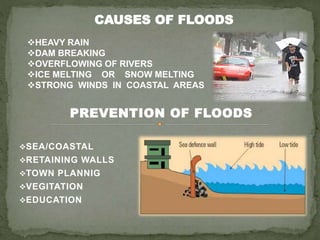 PREVENTION OF FLOODS
SEA/COASTAL
RETAINING WALLS
TOWN PLANNIG
VEGITATION
EDUCATION
CAUSES OF FLOODS
HEAVY RAIN
DAM BREAKING
OVERFLOWING OF RIVERS
ICE MELTING OR SNOW MELTING
STRONG WINDS IN COASTAL AREAS
 