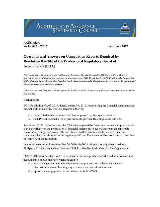 aasc alert qa on compilation reports required by boa resolution 3 2 cash basis profit and loss