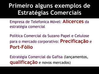 Primeiro alguns exemplos de Estratégias Comerciais Empresa de Telefonica Móvel:  Alicerces   da estratégia comercial Política Comercial da Suzano Papel e Celulose para o mercado corporativo:  Precificação  e  Port-Fólio Estratégia Comercial da Gafisa ( lançamentos,  qualificação  e novos mercados ) 