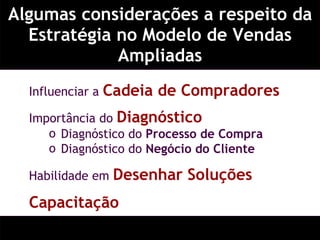 Algumas considerações a respeito da Estratégia no Modelo de Vendas Ampliadas Influenciar a  Cadeia de Compradores  Importância do  Diagnóstico Diagnóstico do  Processo de Compra Diagnóstico do  Negócio do Cliente Habilidade em  Desenhar Soluções Capacitação 