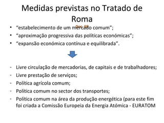 Medidas previstas no Tratado de
                  Roma
                           Doc. 59
• “estabelecimento de um mercado comum”;
• “aproximação progressiva das políticas económicas”;
• “expansão económica contínua e equilibrada”.



-   Livre circulação de mercadorias, de capitais e de trabalhadores;
-   Livre prestação de serviços;
-   Política agrícola comum;
-   Política comum no sector dos transportes;
-   Política comum na área da produção energética (para este fim
    foi criada a Comissão Europeia da Energia Atómica - EURATOM
 