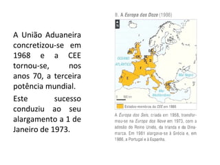 A União Aduaneira
concretizou-se em
1968 e a CEE
tornou-se,      nos
anos 70, a terceira
potência mundial.
Este        sucesso
conduziu ao seu
alargamento a 1 de
Janeiro de 1973.
 