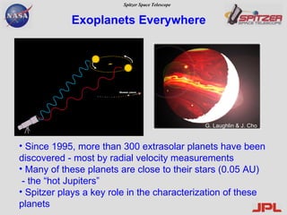 Exoplanets Everywhere Since 1995, more than 300 extrasolar planets have been discovered - most by radial velocity measurements Many of these planets are close to their stars (0.05 AU)  - the “hot Jupiters” Spitzer plays a key role in the characterization of these planets G. Laughlin & J. Cho   