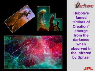 Hubble’s famed “Pillars of Creation” emerge from the darkness when observed in the infrared by Spitzer 