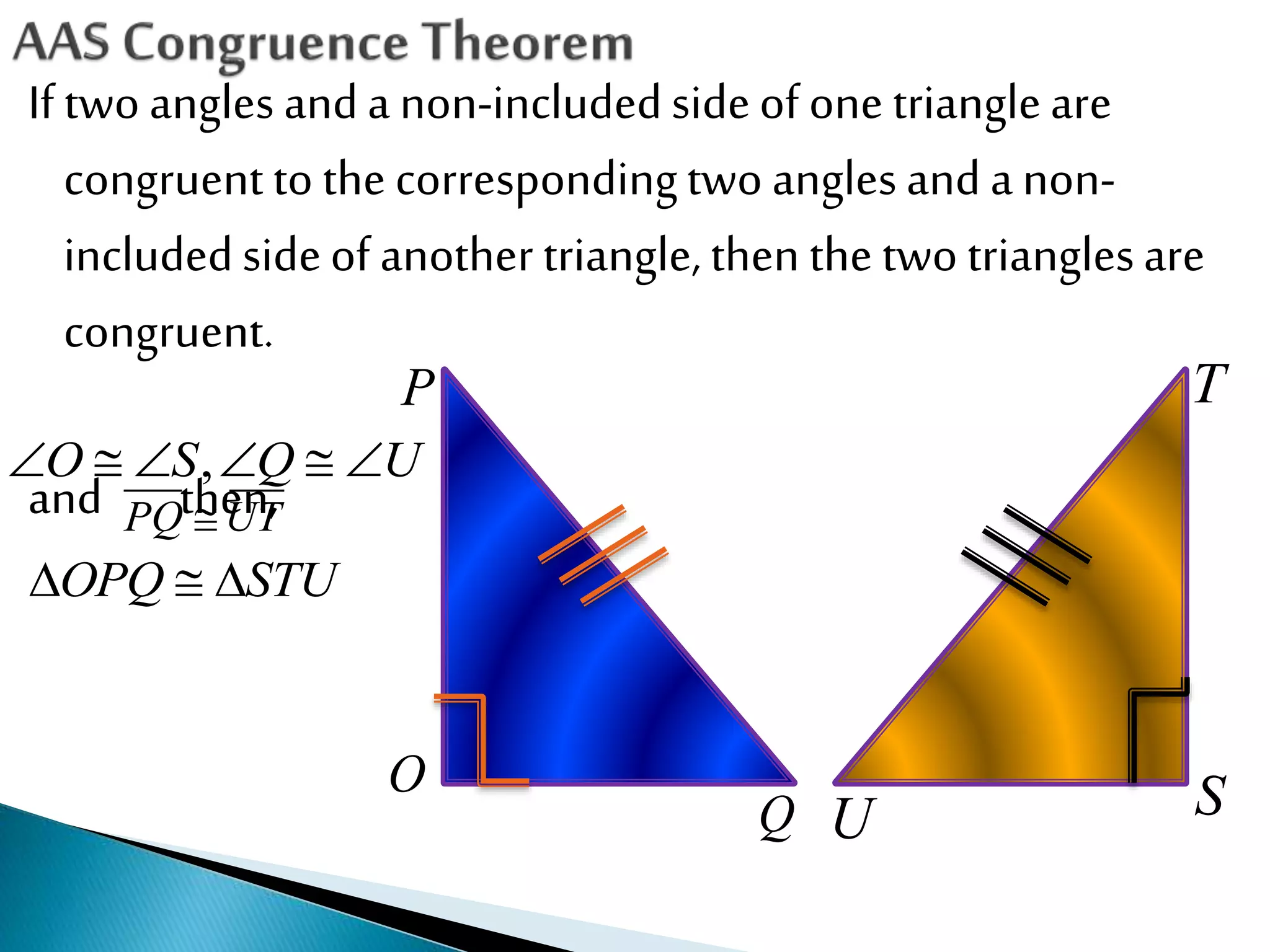 If two angles anda non-includedsideof one triangleare
congruent to the correspondingtwo anglesand a non-
includedsideof another triangle, then the two trianglesare
congruent.
and then,
P
O
Q
T
U S
,O S Q U     
PQ UT
OPQ STU  